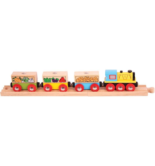 Levně Bigjigs Rail Nákladní vlak se zeleninou + 3 koleje