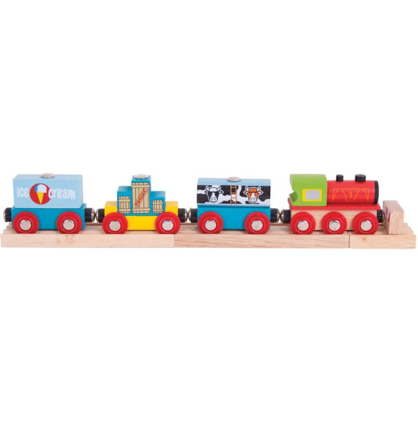 Levně Bigjigs Rail Vlak se zbožím + 3 koleje