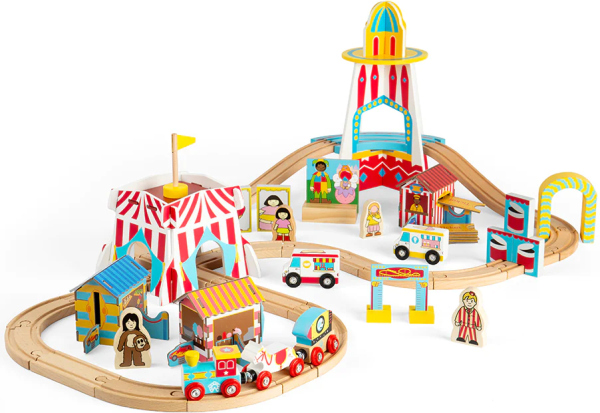 Levně Bigjigs Rail Dřevěná vláčkodráha zábavná pouť 54 dílů