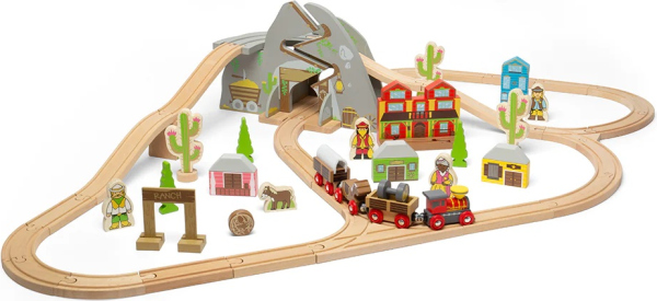 Levně Bigjigs Rail Dřevěná vláčkodráha divoký západ 62 dílů