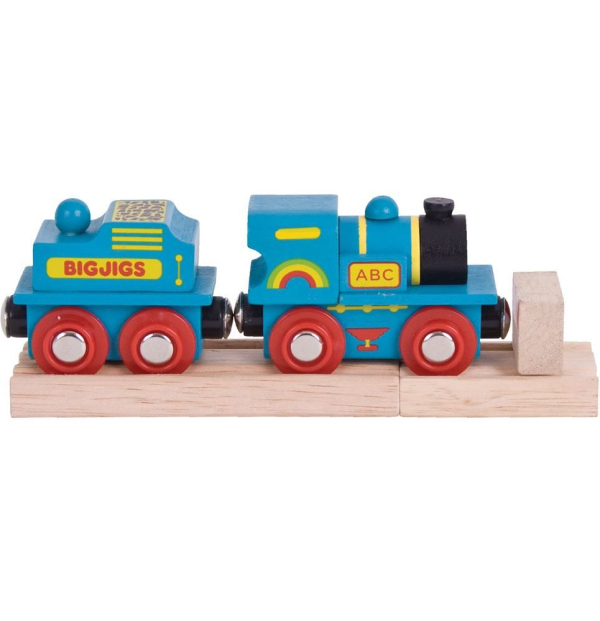 Levně Bigjigs Rail Modrá mašinka s tendrem + 2 koleje
