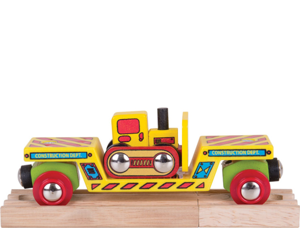 Levně Bigjigs Rail Vagon s buldozerem + 2 koleje