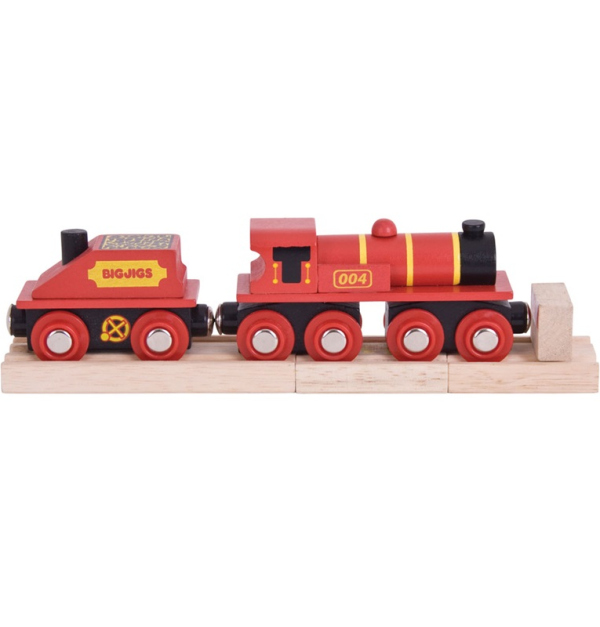 Levně Bigjigs Rail Červená lokomotiva s tendrem + 3 koleje