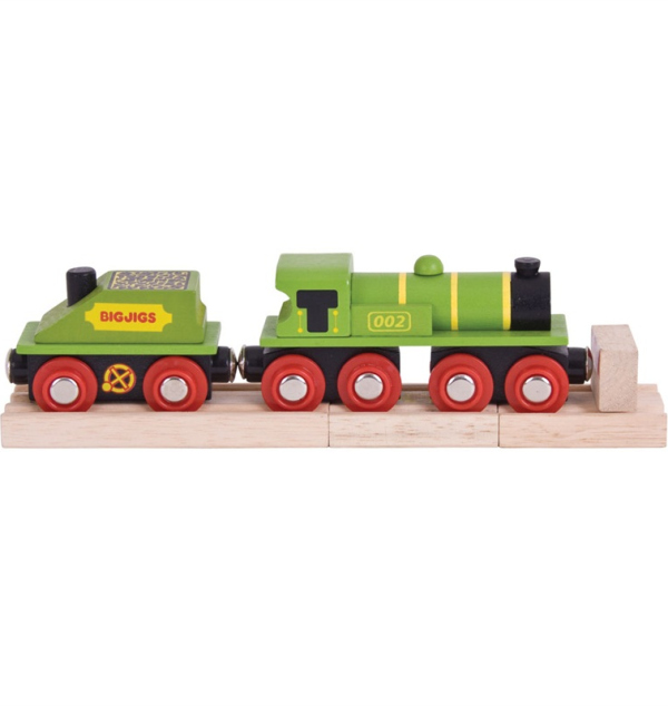 Levně Bigjigs Rail Zelená lokomotiva s tendrem + 3 koleje