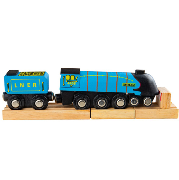 Levně Bigjigs Rail Dřevěná replika lokomotivy Mallard + 3 koleje