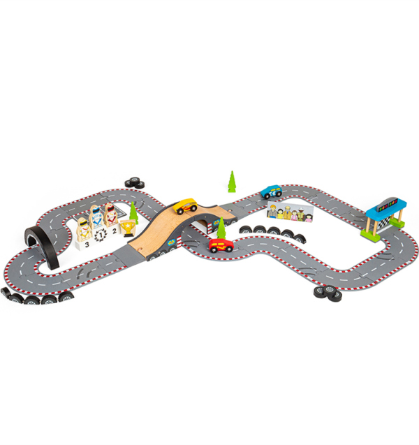 Levně Bigjigs Rail Dřevěná autodráha závodní den