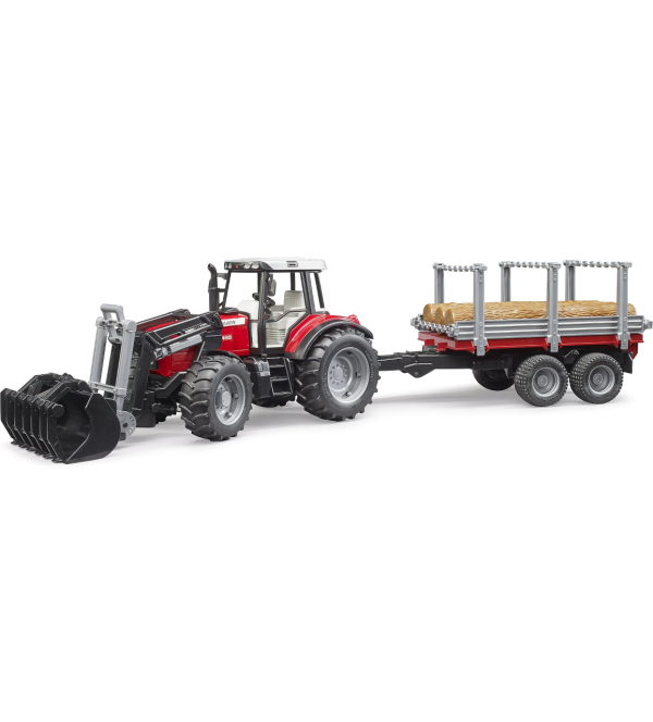 Levně Bruder Traktor Massey Ferguson 7480 s čelním nakladačem a přepravníkem klád