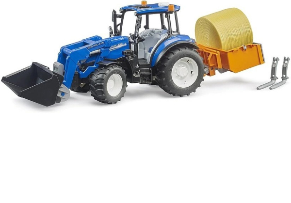 Levně Bruder Traktor New Holland T5.120 s čelním nakladačem, korbou, vidlemi a kulatým balíkem