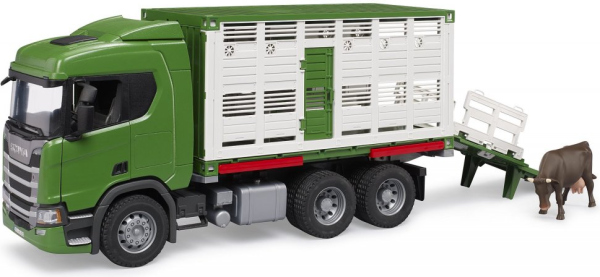 Levně Bruder Přepravník zvířat Scania s figurkou krávy