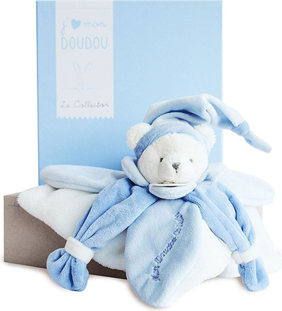 Doudou Dárková sada - plyšový muchláček modrý medvídek 24 cm