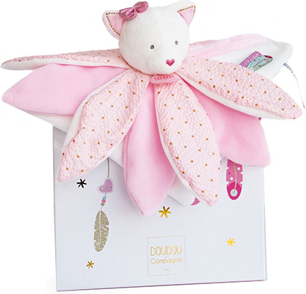 Doudou Dárková sada - plyšový muchláček růžová kočka 26 cm
