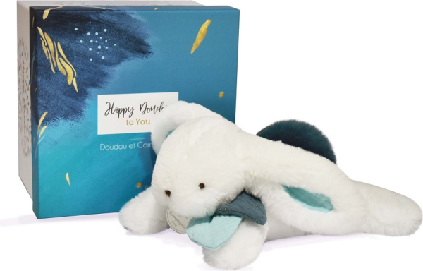 Doudou Dárková sada - Plyšový králíček s tmavě modrou bambulkou 25 cm