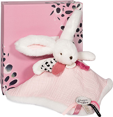 Doudou Dárková sada růžová - králíček s čtvercovou dečkou 25 cm