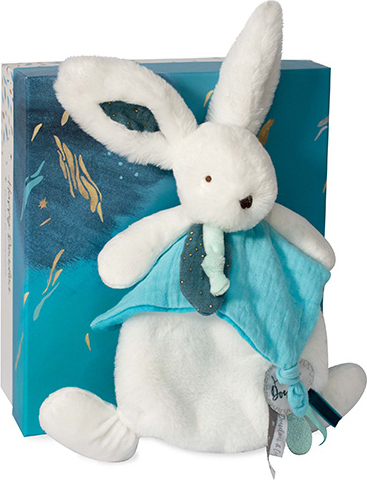 Doudou Dárková sada - Plyšový králíček s muchláčkem 25 cm modrá