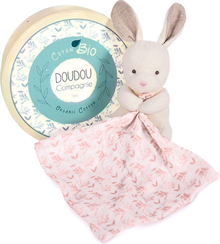 Doudou Dárková sada - Plyšový králiček s růžovou dečkou z BIO bavlny 15 cm