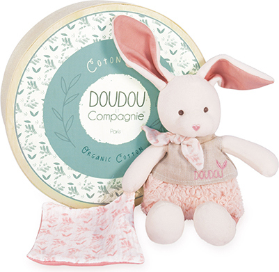 Doudou Dárková sada - Plyšový Ecru králiček s růžovou dečkou z BIO bavlny 22 cm