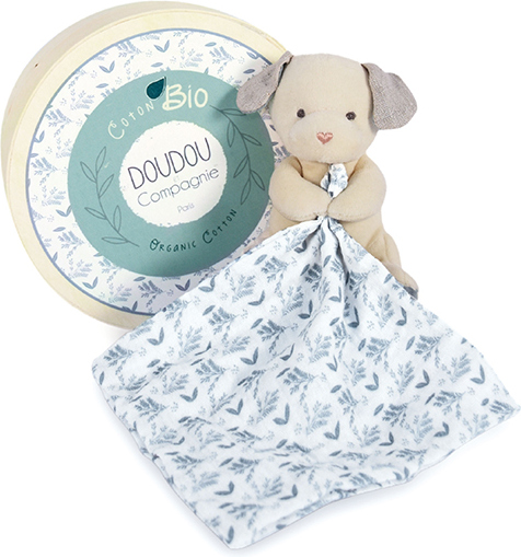 Doudou Dárková sada - Plyšový pejsek s dečkou z BIO bavlny 15 cm