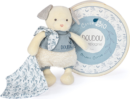 Doudou Dárková sada - Plyšový pejsek s dečkou z BIO bavlny 22 cm