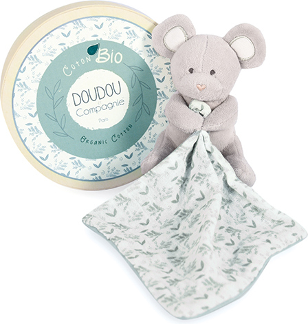 Doudou Dárková sada - Plyšová myška s dečkou z BIO bavlny 15 cm zeleno-bílá