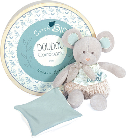 Doudou Dárková sada - Plyšová myška s dečkou z BIO bavlny 22 cm