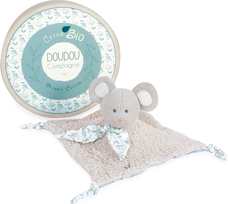 Doudou Dárková sada - Plyšová myška s čtvercovou dečkou z BIO bavlny 25 cm