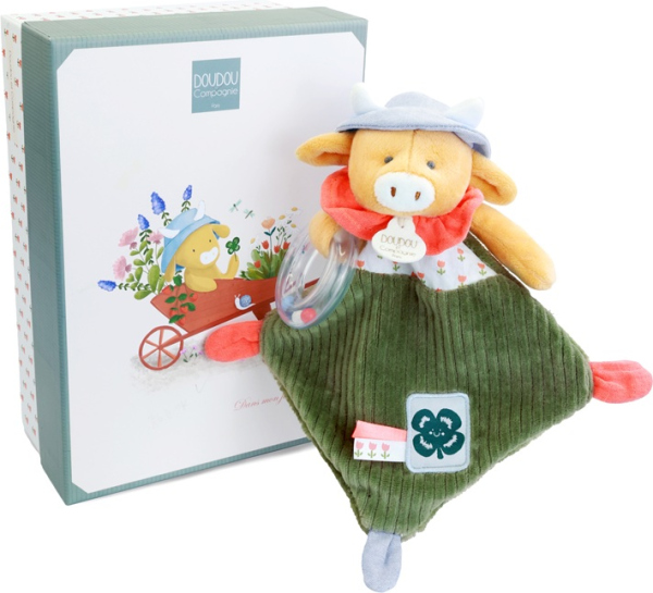 Doudou Dárková sada Plyšová kravička Aneth s chrastítkem 21 cm