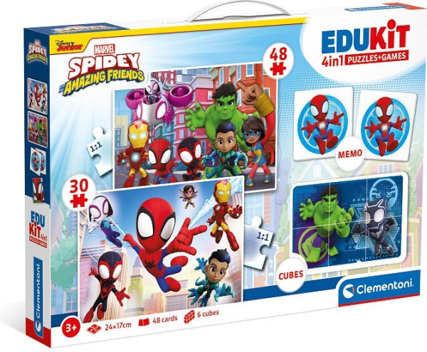 Edukit Spidey a jeho úžasní přátelé 4v1 (pexeso, 48 + 30 puzzle, 6 kostek)
