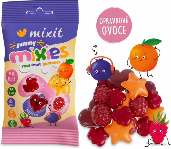 Ovocné Mixies - Malina a borůvka a pomeranč - přírodní želé bonbóny