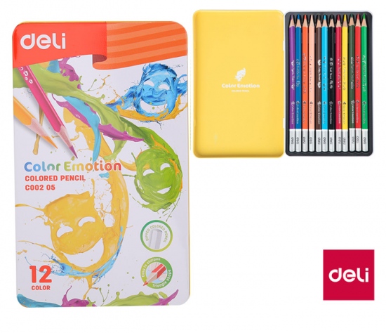 Pastelky DELI trojhranné 12 barev Color Emotion kovové pouzdro EC00205