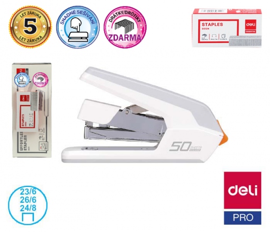 Sešívačka BEZ NÁMAHY Deli E0371 bílá + DÁREK 1x kancelářské spojovače 24/6