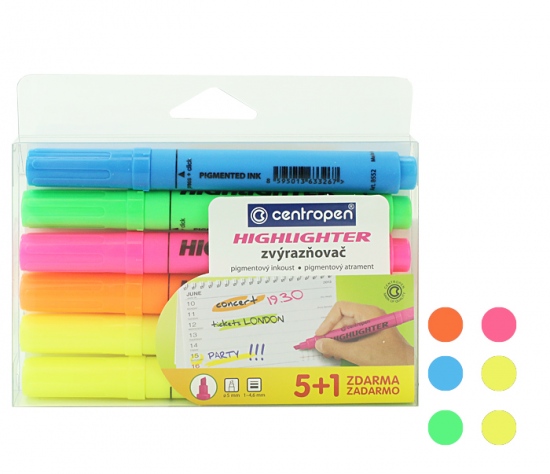 Zvýrazňovač Centropen 8552/5+1 sada