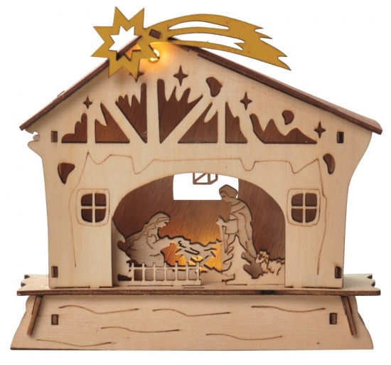 Dekorace betlém na postavení 18 x 16,5 cm, 4 LED, teplá bílá + časovač