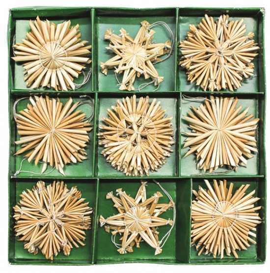 Slaměné ozdoby v krabičce cca 6 cm, 27 ks 