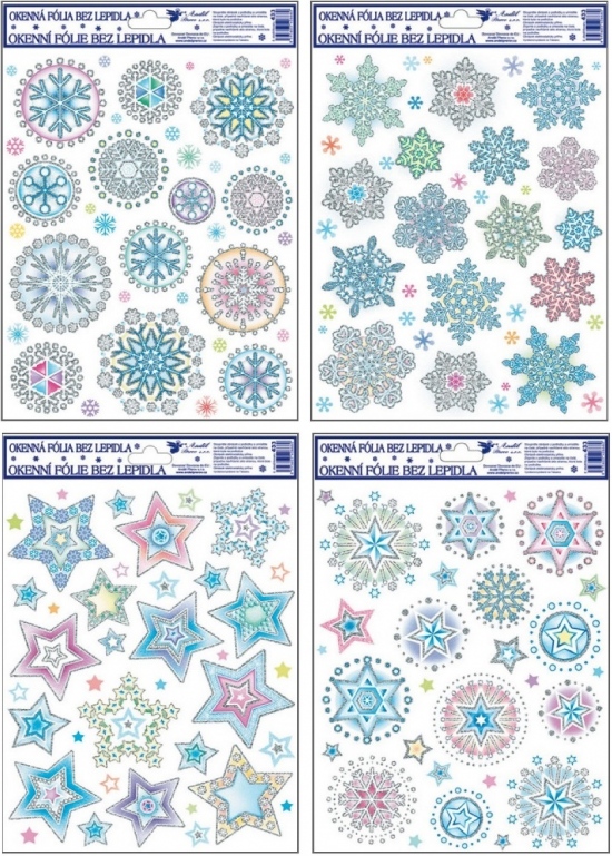 Okenní fólie barevné vločky a hvězdy 27x20cm