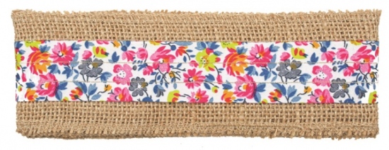 Stuha jutová s růžovými kytkami šířka 6 cm, 2 m