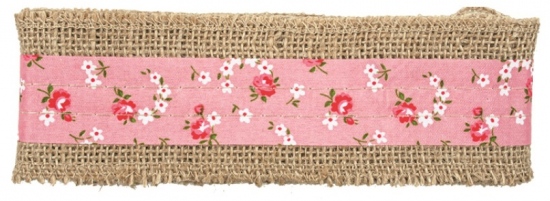 Stuha jutová s růžovým pruhem a kytkami šířka 6 cm, 2 m