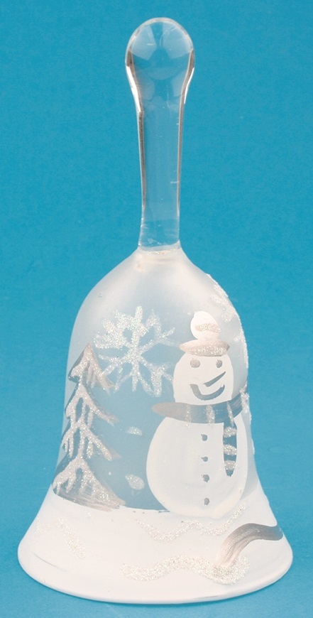 Zvonek skleněný se sněhulákem a stromem 11 cm
