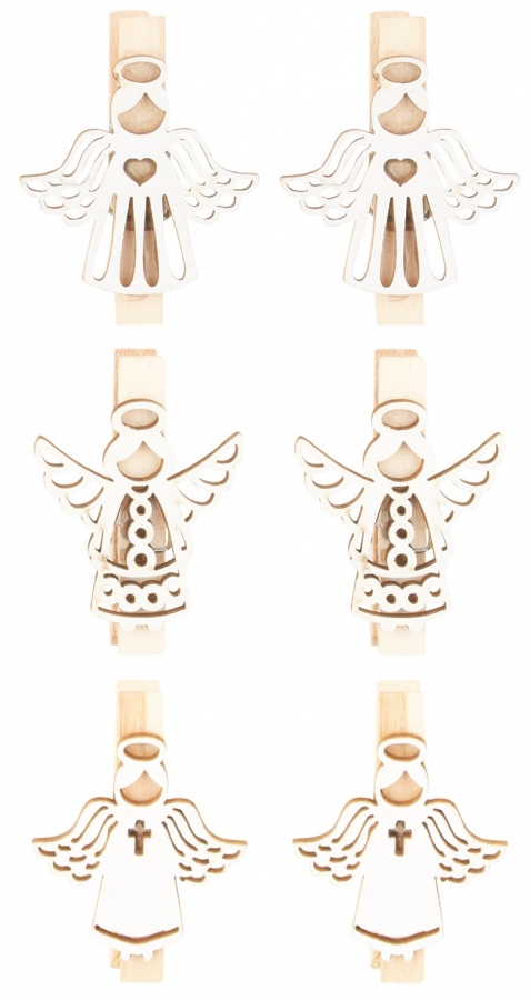 Anděl dřevěný 3,5 cm 6 ks, na kolíčku, bílý