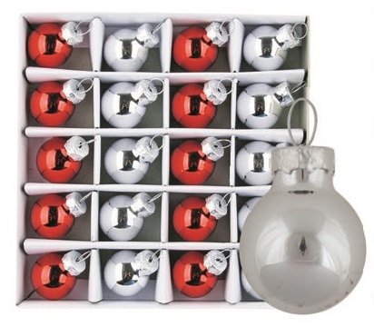 Sada skleněných baněk stříbrné+červené 2cm,20ks 