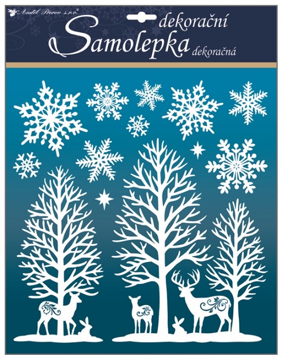 Samolepky bílé s glitry 38x31 cm, lesík s vločkami