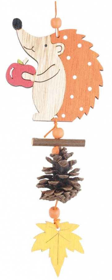 Ježek dřevěný s dekoracemi na zavěšení 9 x 20 cm, oranžový