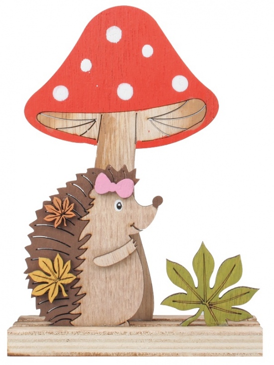Dřevěná dekorace ježek s muchomůrkou 16 cm