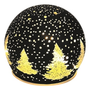 Svítící skleněná koule s motivem lesa – černá, o 10 cm, teplá bílá, 10 LED, časovač
