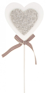 Srdce dřevěné bílé se stříbrným 7 cm + špejle, 2 ks zápich
